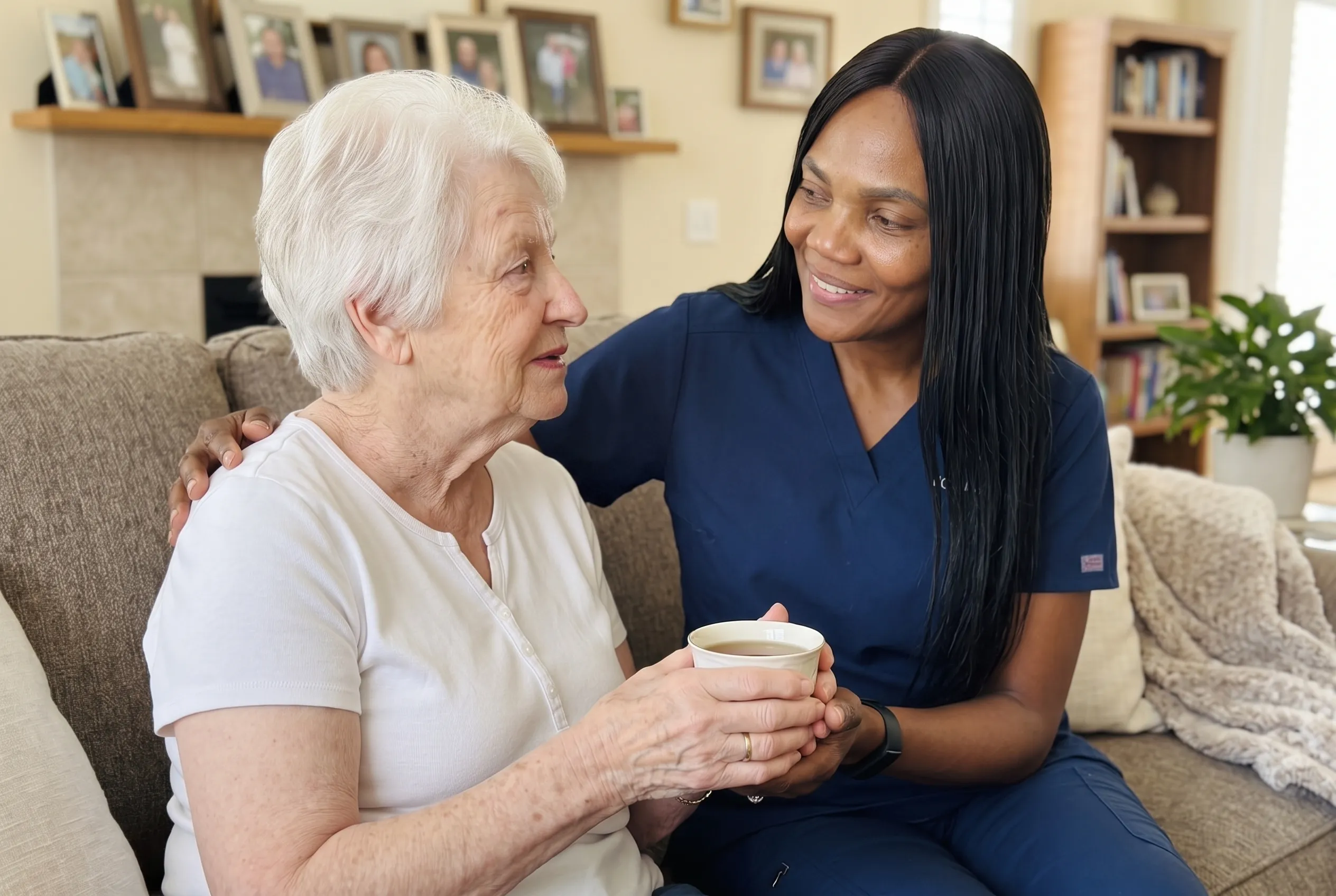An OnPoint home care nurse sitting with a senior woman over a warm drink, sharing an unhurried conversation on the sofa