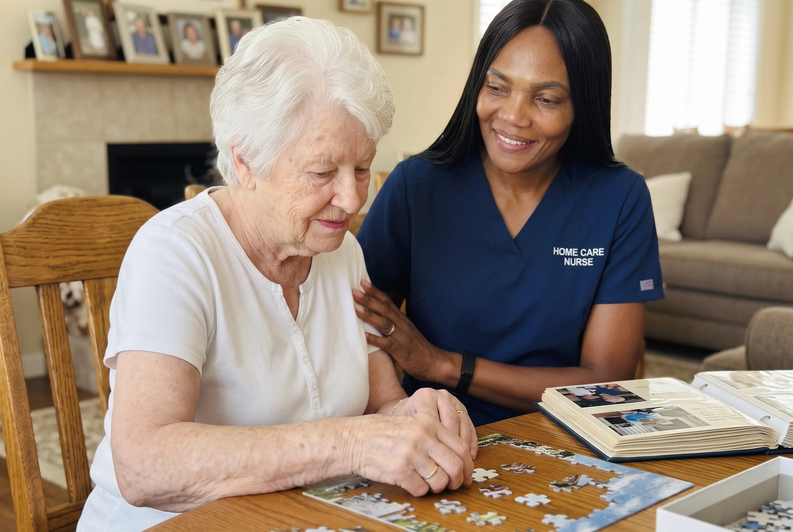 An OnPoint home care nurse working through a jigsaw puzzle and a family photo album with a senior woman as part of memory care