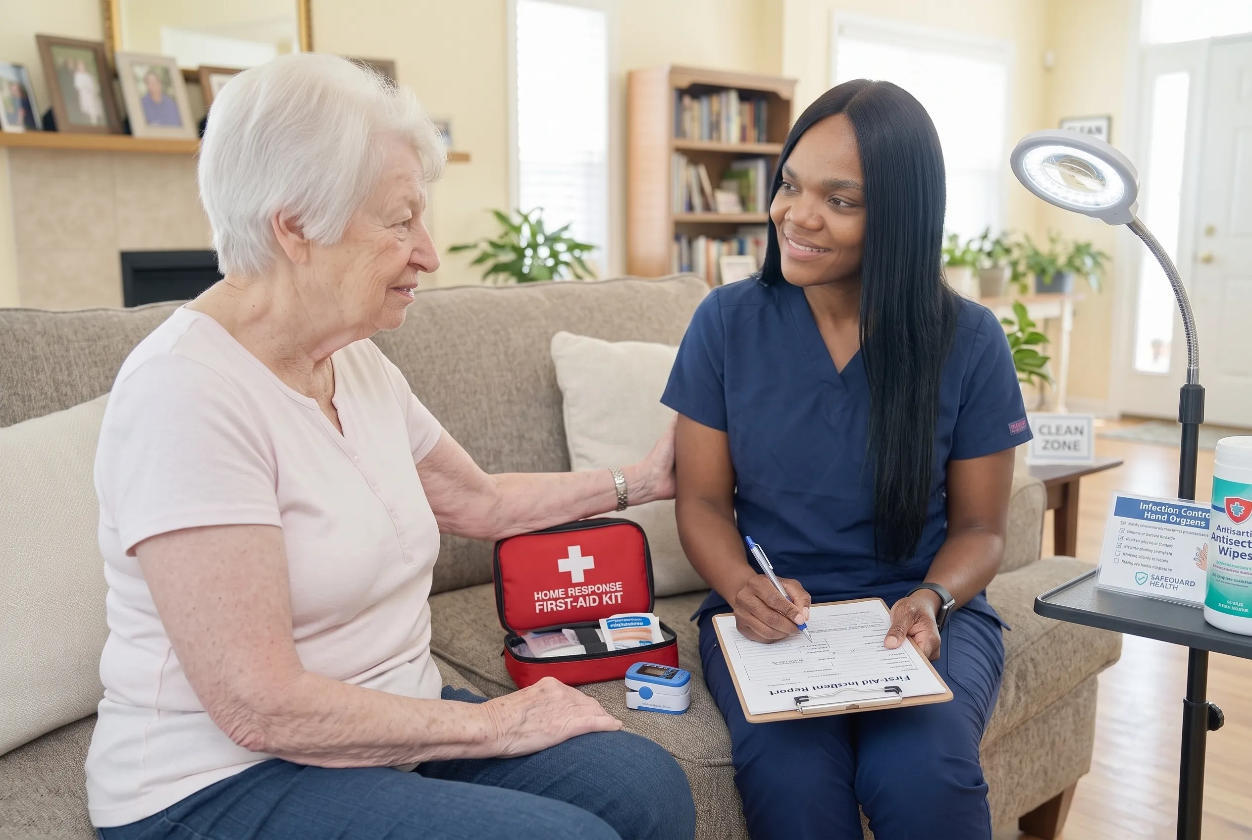 An OnPoint home care nurse completing a first-aid incident report beside an open home response first-aid kit