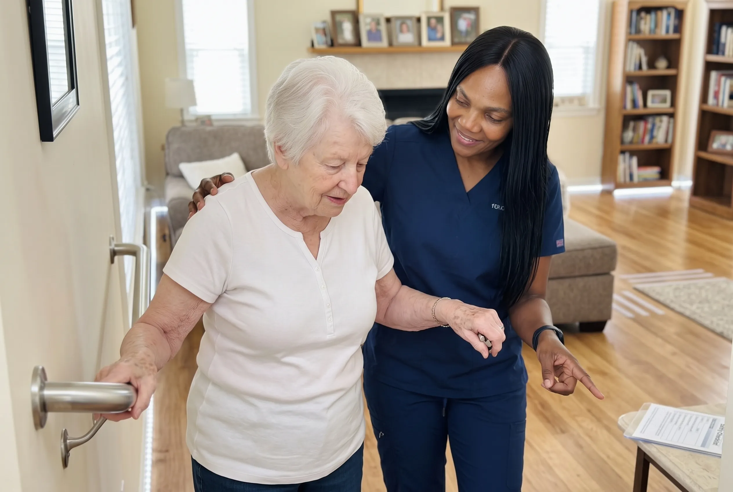 An OnPoint home care nurse steadying a senior woman as she uses a hallway grab bar to move safely through her home