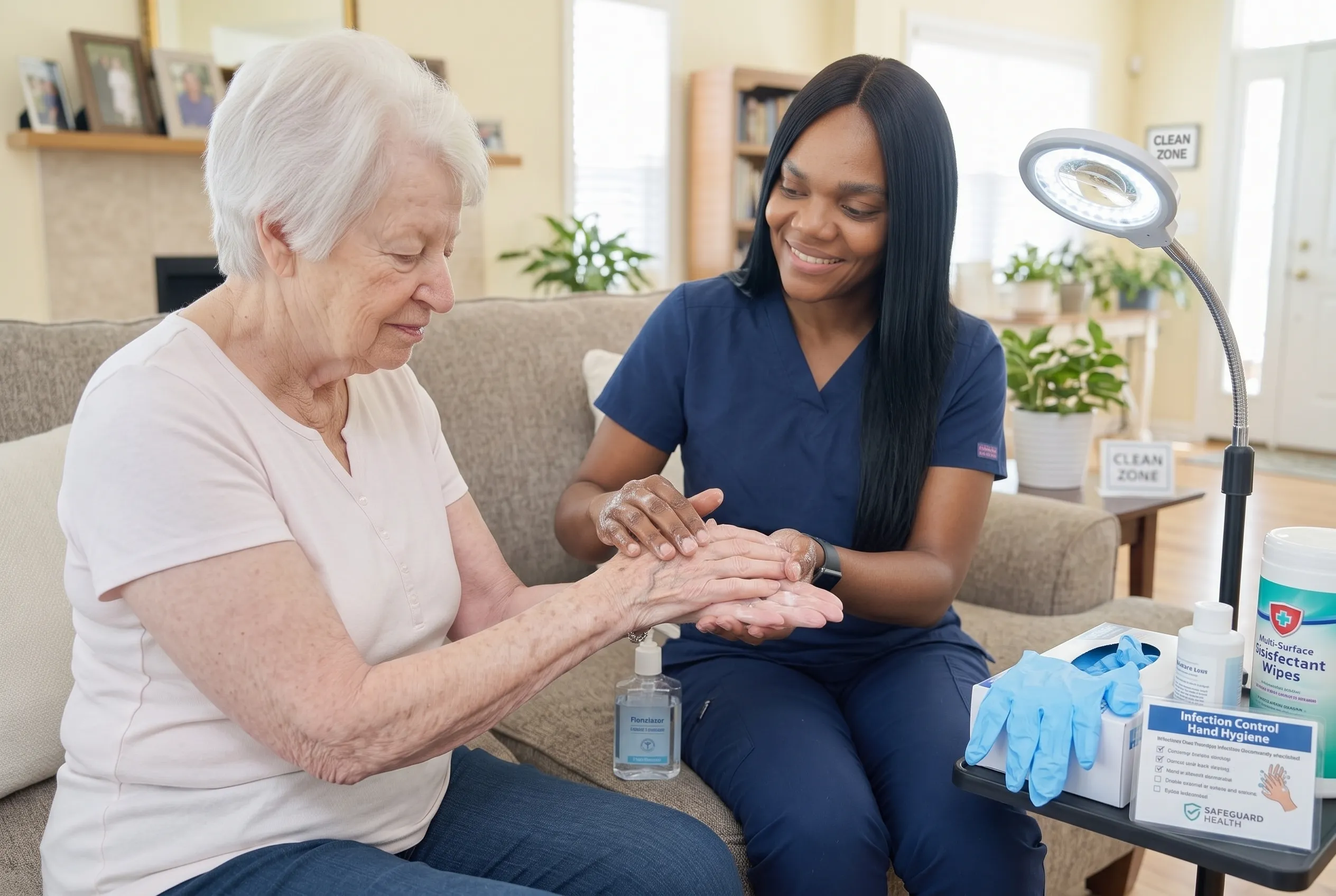 An OnPoint home care nurse guiding a senior woman through hand sanitizing beside gloves and surface disinfectant supplies
