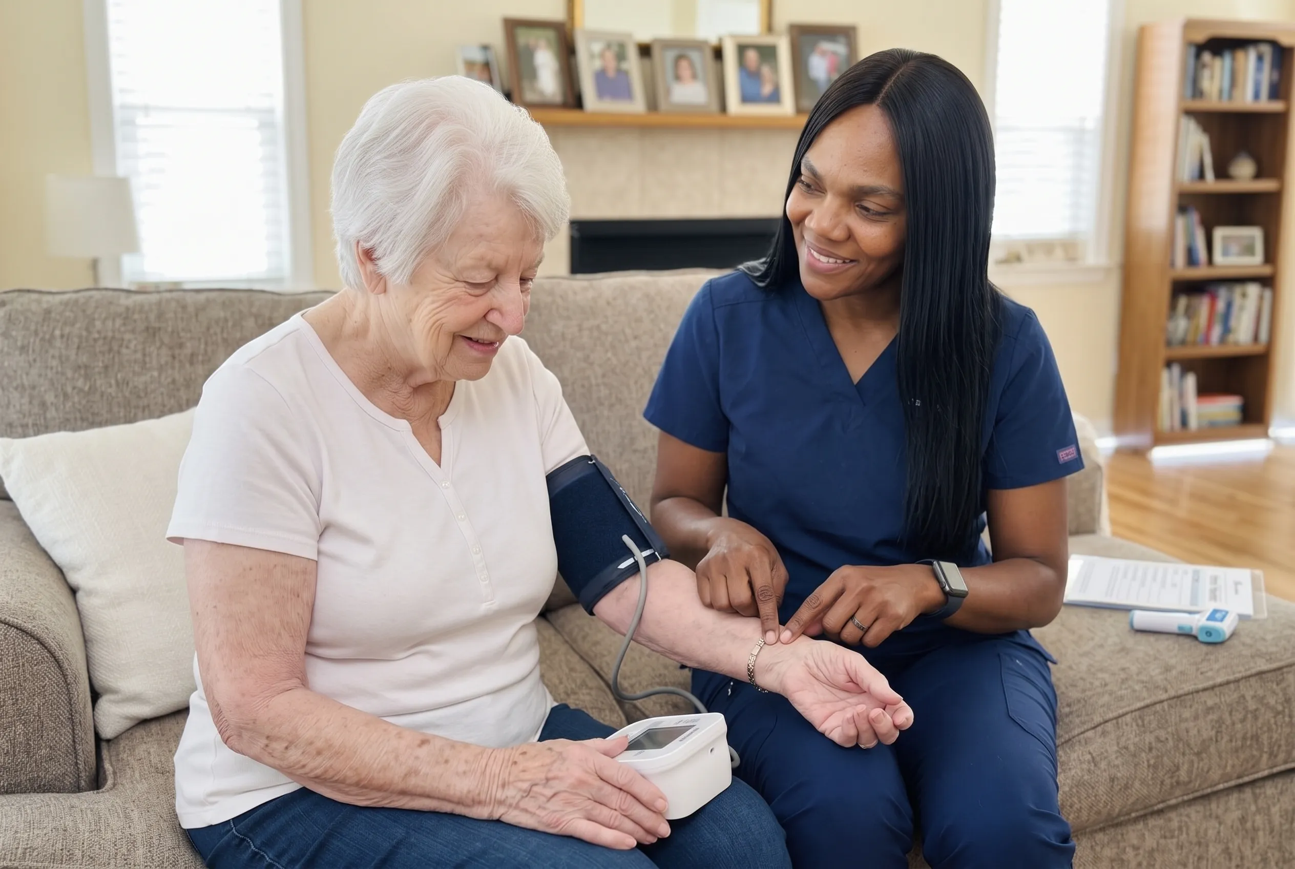 An OnPoint home care nurse taking a senior woman's blood pressure with a cuff monitor in her living room