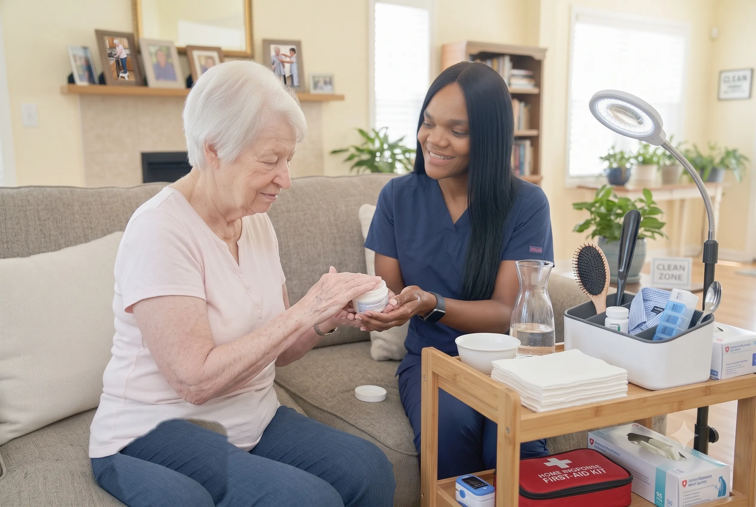 An OnPoint home care nurse helping a senior woman apply moisturizer during her morning personal care routine at home