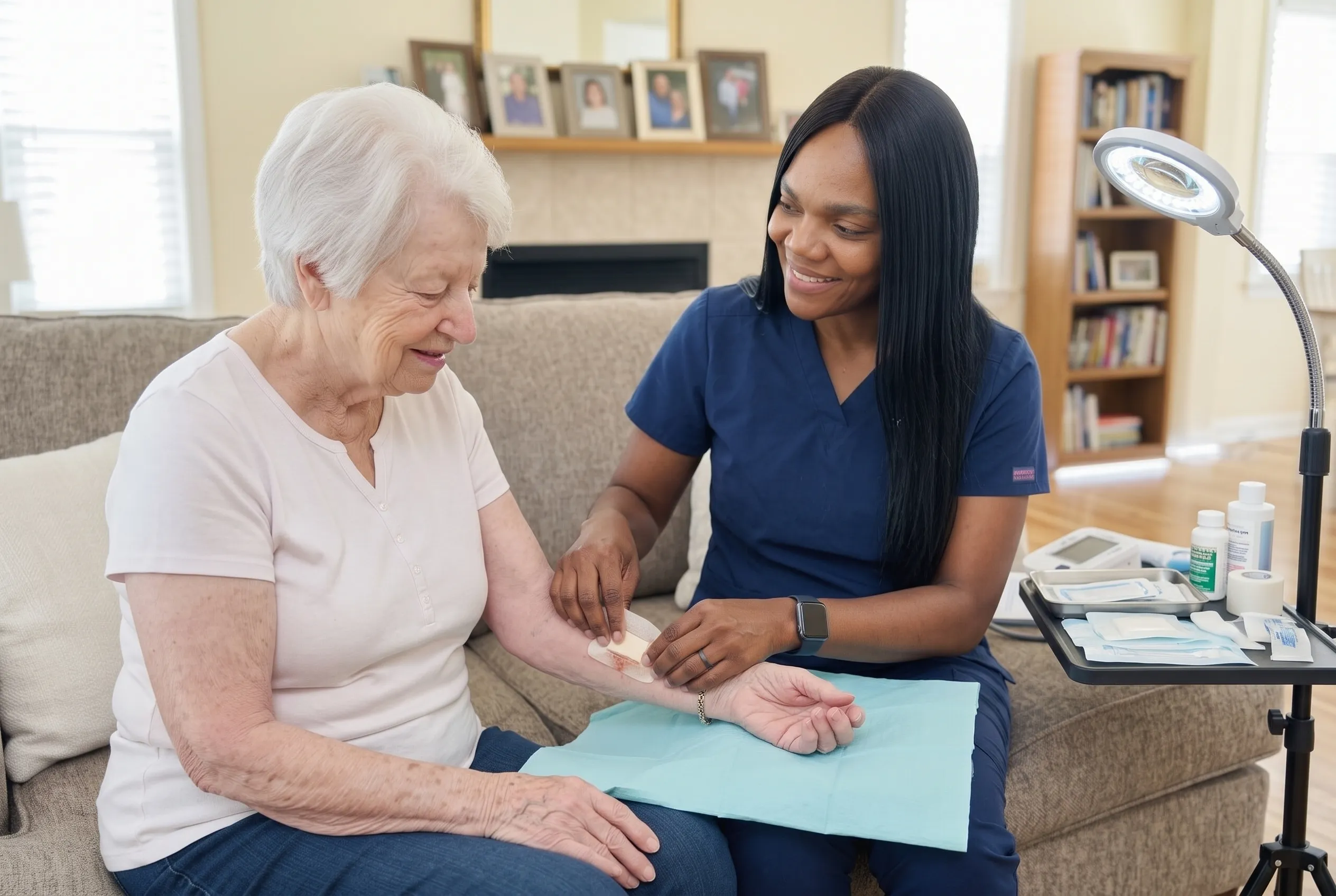 An OnPoint home care nurse applying a clean dressing to a senior woman's forearm on a sterile field at home