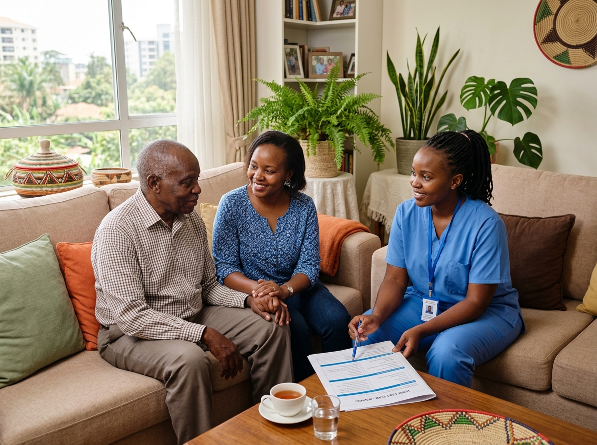 An OnPoint nurse discussing a care plan with a senior man and his adult daughter in their living room