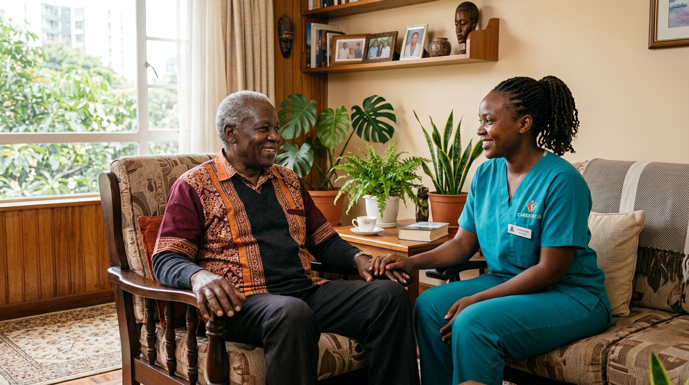 Senior smiling warmly at home with an OnPoint caregiver
