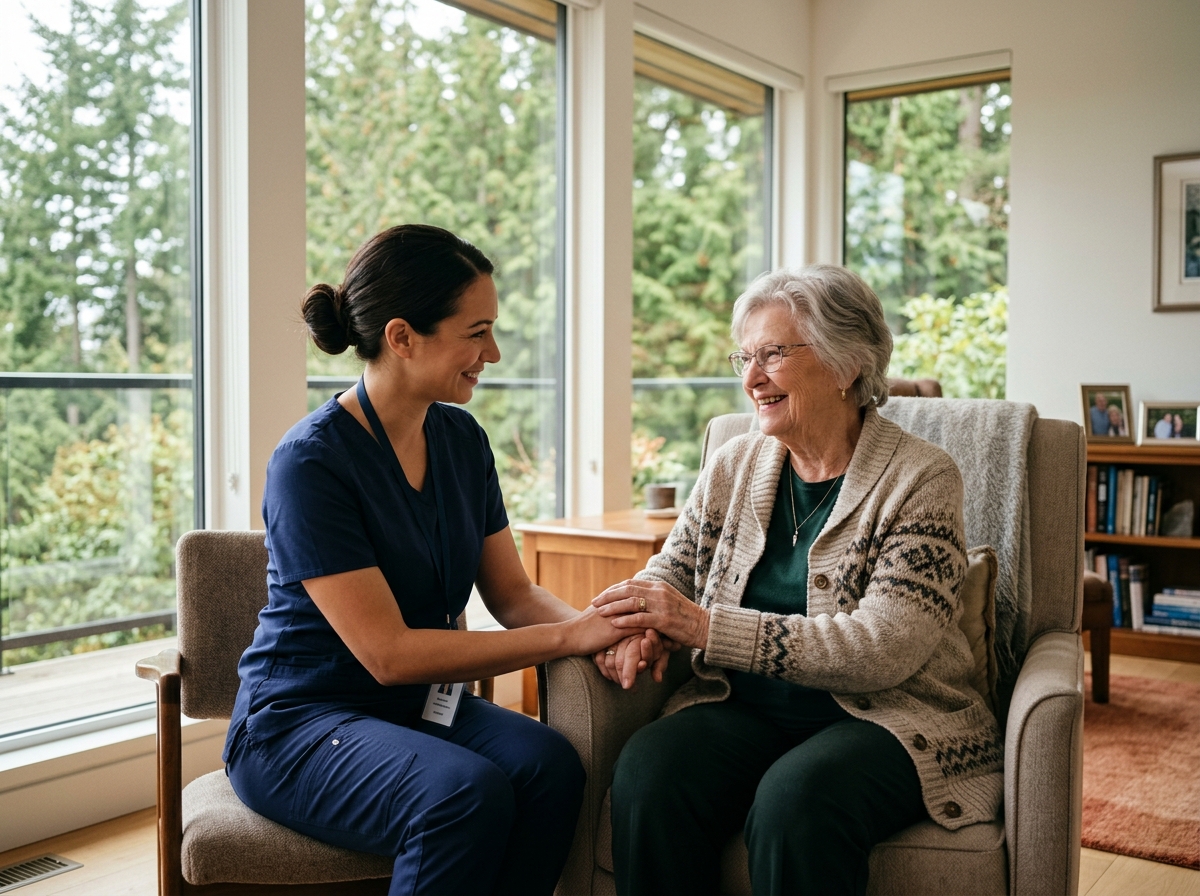 A compassionate OnPoint registered nurse warmly caring for an elderly senior in a comfortable home setting in Vancouver, BC
